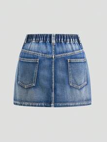 SHEIN MOD 大尺碼女款深藍色牛仔迷你裙，附口袋，夏季休閒日常百搭，節慶度假 Y2K 風格鄉村演唱會穿搭 - 深色水洗藍 - 查看 2