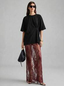 Ontre 2026春夏新款酒红色蕾丝薄纱半身裙，百搭实用，适合都市通勤、商务、休闲、办公、教师、优雅派对、婚礼宾客等场合，女士皆宜。 - 酒紅色 - 查看 3