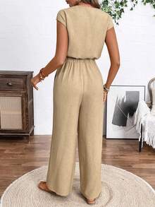 EMERY ROSE Women's Solid Color V-Neck Pocket Casual Jumpsuit Palazzo - Khaki - View 2