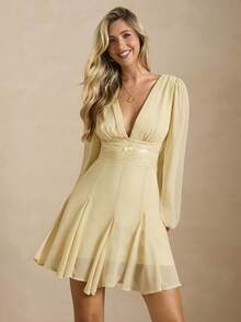 Enchnt 女士纯色深V领褶皱优雅长袖连衣裙 - 黃色 - 查看 5