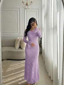 Modelyn 女士杏色针织蕾丝褶皱露肩长袖收腰A字修身优雅连衣裙 - 紫色 - 查看 3