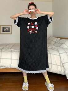DAZY Áo ngủ mặc nhà in họa tiết chấm bi hoạt hình dành cho thiếu nữ - màu đen - Xem 10