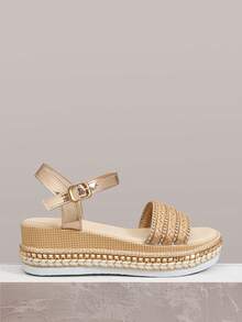 Styleloop Ladies Platform Wedge Sandals Bohemian Vacation Sandals Summer Open-Toed Hemp Rope Straw Shoes Outside Vacation Dress Shoes - khaki knitting - View 7