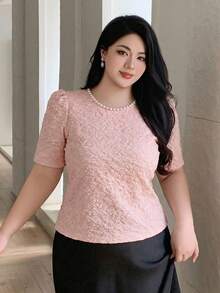 Dazy Plus Floral Print Puff Sleeve Short Sleeve Pullover Elegant Spring/Autumn T-Shirt, Party Wear For Plus Size Women - Baby Pink - View 4