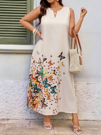 EMERY ROSE Vestido largo elegante de mujer talla grande con cuello en V sin mangas, conjunto de atuendo largo con estampado de mariposa y detalles calados