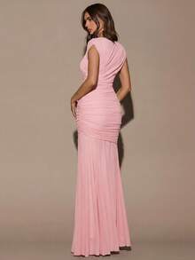 SHEIN BAE 女士酒红色无袖圆领褶皱修身连衣裙，优雅的维纳斯连衣裙，适合度假、节日、圣诞节、派对、约会、生日、秋冬季穿着。 - 珊瑚粉 - 查看 2