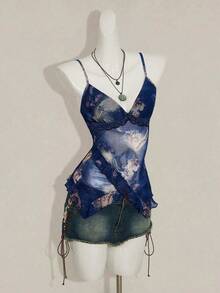 SHEIN ICON Áo hai dây nữ đi nghỉ mát in hoa điều, dây bèo nhún, thích hợp cho ngày Quốc khánh 4 tháng 7, áo mùa hè dễ thương để đi chơi. - Màu xanh lam - Xem 5