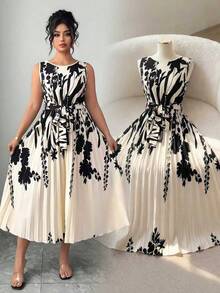 Elenzga 大码女式无袖圆领蝴蝶结休闲浪漫度假优雅褶皱夏季连衣裙 - 杏色 - 查看 4