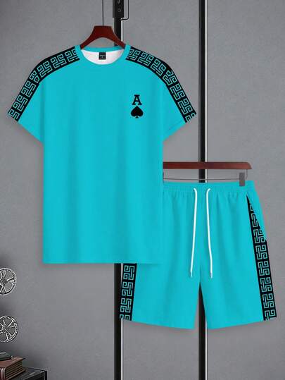 Manfinity Homme 黑桃A两件套，蓝色撞色滚边短袖短裤，奢华风格，高端时尚黑桃A两件套，蓝色侧条纹短袖短裤，男士扑克元素黑桃A套装