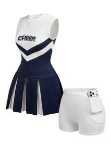SHEIN Cheerettes 女士撞色字母印花V领修身运动连衣裙配短裤 - 藍白色 - 查看 14