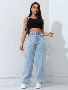 SHEIN ICON 女士纯色休闲牛仔裤 - 淺色水洗藍 - 查看 5