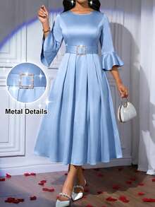 SHEIN Lady Women's Blue Round Neck Flare Sleeve Elegant Mid-Length Dress - Blue - View 1