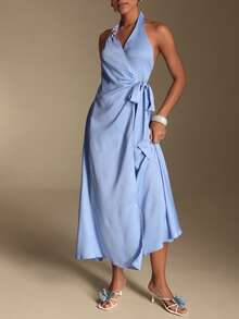 Swim Oasis Vestido largo con abertura y decoración de estrella de mar, estilo de vacaciones, nuevo lanzamiento de verano 2026 - Azul - Ver 3