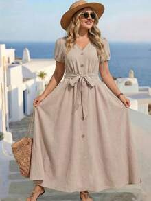 GlowEve CURVE Đầm cỡ lớn cổ chữ V tay cánh hoa thắt eo màu trơn - Màu Khaki - Xem 7