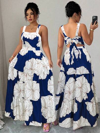 SHEIN Elenzya Vestido casual feminino plus size com estampa floral, amarração na cintura com laço nas costas, sem mangas, elegante e versátil para uso diário, deslocamentos, Dia dos Namorados, férias na praia e primavera/verão.