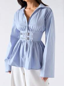 LYSMO 2026 New Arrive Minimalism Spring/Summer Women's Solid Color Drop Shoulder Long Sleeve Casual Shirt With Waist Buckle Design - Blue - View 4