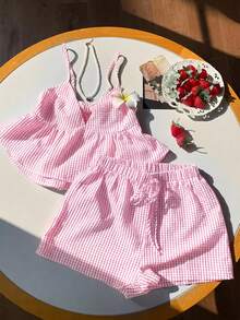 Comfortcana Rosa rutigt plusstorlek damlinne och shorts i 2-delat set - Rosa - Visa 1