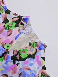 SHEIN Franclia 花卉印花装饰，浪漫假日度假风格女士V领短袖衬衫 - 彩色 - 查看 3