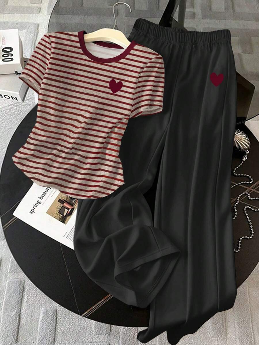 Resyla 2件套女士夏季休闲条纹爱心印花短袖T恤和裤子套装 - 彩色 - 查看 1