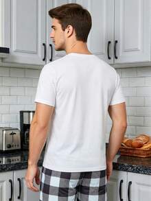 Conjunto De Ropa De Hogar Para Hombre Con Parte Superior De Manga Corta A Cuadros Y Pantalones Cortos - Blanco - Ver 4