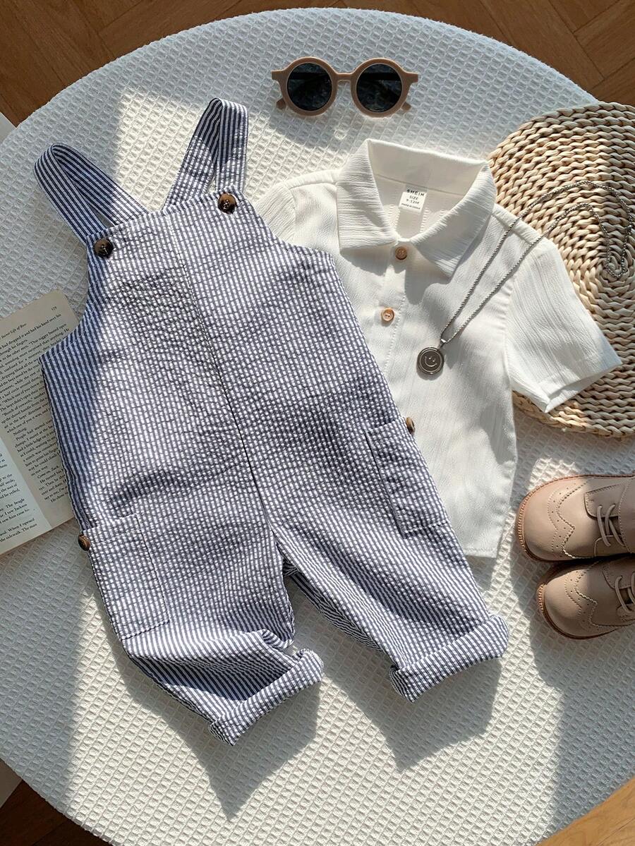 SHEIN 男女宝宝通用款休闲可爱条纹连体裤，婴儿背带裤，春夏款 - 藍色 - 查看 1