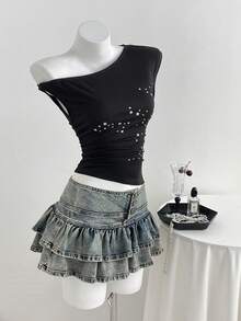 Elamini Camiseta de mujer con hombros asimétricos, cintura elástica, estrella de cinco puntas con strass, y bajo asimétrico en estilo retro y dulce - Negro - Ver 4