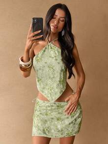 SHEIN BAE Women's Sexy Floral Embroidery Backless Halter Top, Summer - Green - View 7