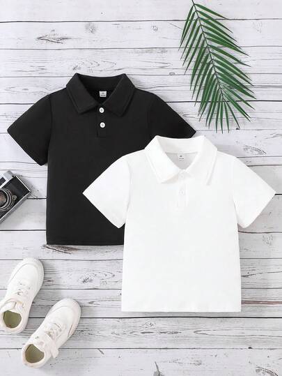 2 piezas Camisa polo de manga corta de punto acanalado de unicolor para niño pequeño, adecuada para uso casual, vacaciones, deportes, verano