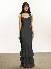 Rina Fox Damen sexy Maxikleid mit Spaghettiträgern und Rüschensaum, geeignet für Dates, Partys, Urlaub, schmeichelnde Silhouette, inklusive Passform, schlankend, stilvolles Design, 3D-Schnitt, retro, elegant - Schwarz - Übersicht 5