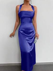 EURMUSE Solid Halter Neck Backless Satin Maxi Dress - Navy Blue - View 5