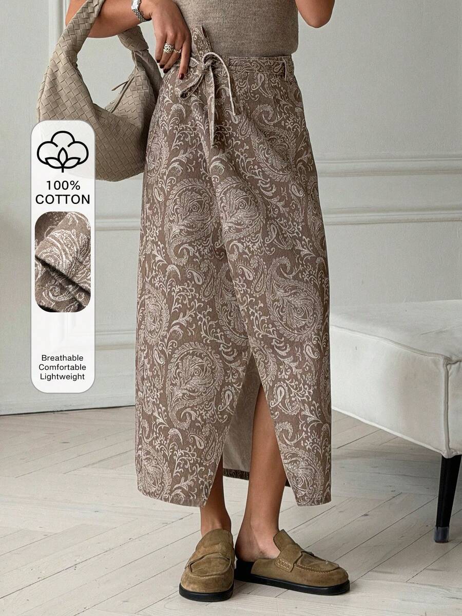 Spring & Summer Botanical Floral & Geometric Print Bohemian Casual Vacation Style Twist Tie Waist A-Line Denim Skirt Boho - Brown - View 1