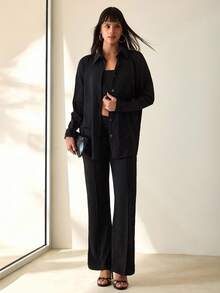 CLARA VERO 女士纯色单排扣长袖衬衫和喇叭裤休闲套装 - 黑色 - 查看 4