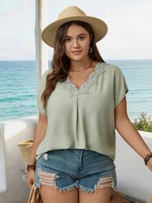 Parysyn Plus Size Women's Sage Green Summer Elegant Blouse,Vacation Holiday Beach V Neck Lace Trim Pleated Front Dolman Short Sleeve Loose Fit Casual Top - Green - View 5