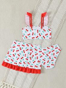3件套女童（小号）樱桃印花荷叶边吊带泳衣 - 紅色 - 查看 2