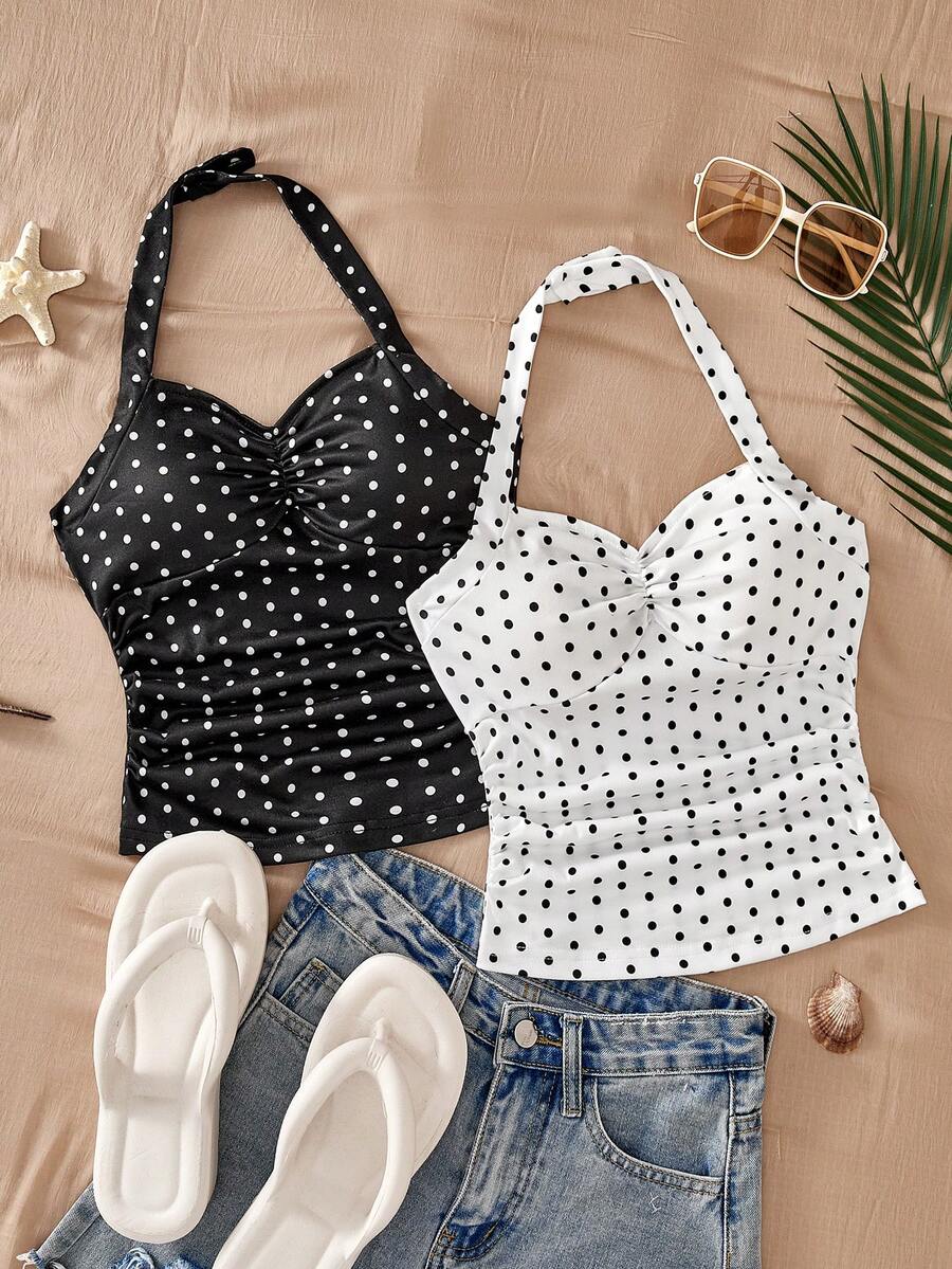 SHEIN Sparklyn 两件套少女黑白波点露背短款上衣套装，采用经典的黑白波点配色，精致的荷叶边饰边和收腰设计，适合日常穿着、家庭出游、休闲聚会等场合。 - 黑與白 - 查看 1