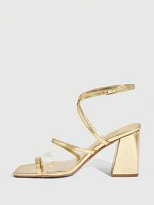 CUCCOO SZL Women's Gold PU Toe-Ring Buckle Strap Fashionable Square Toe Chunky Heel Sandals Prom Heels - Gold - View 5