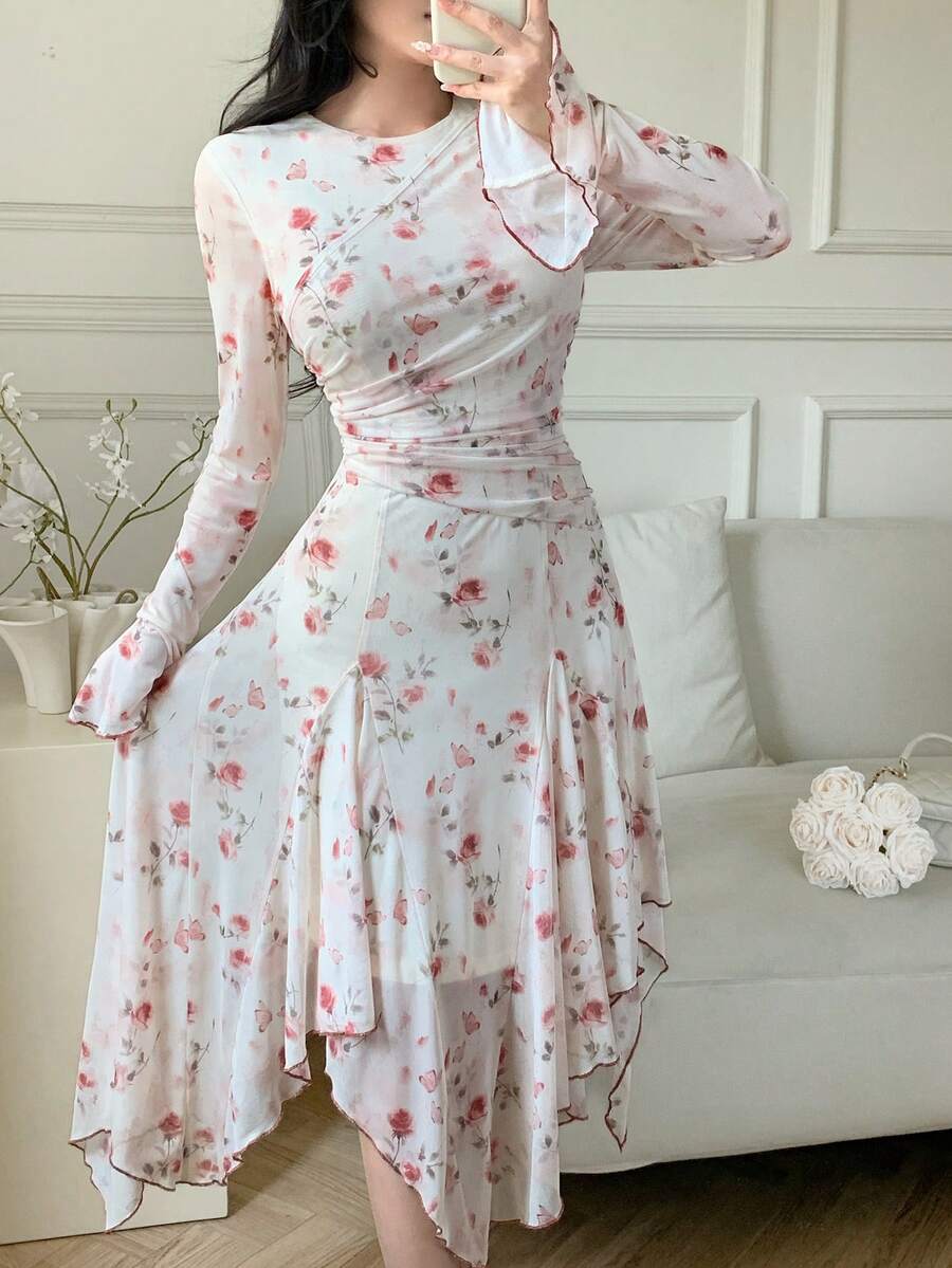 Feyla Vestido de mujer de cuello redondo, manga larga y bajo asimétrico con estampado floral elegante - Rosa - Ver 1