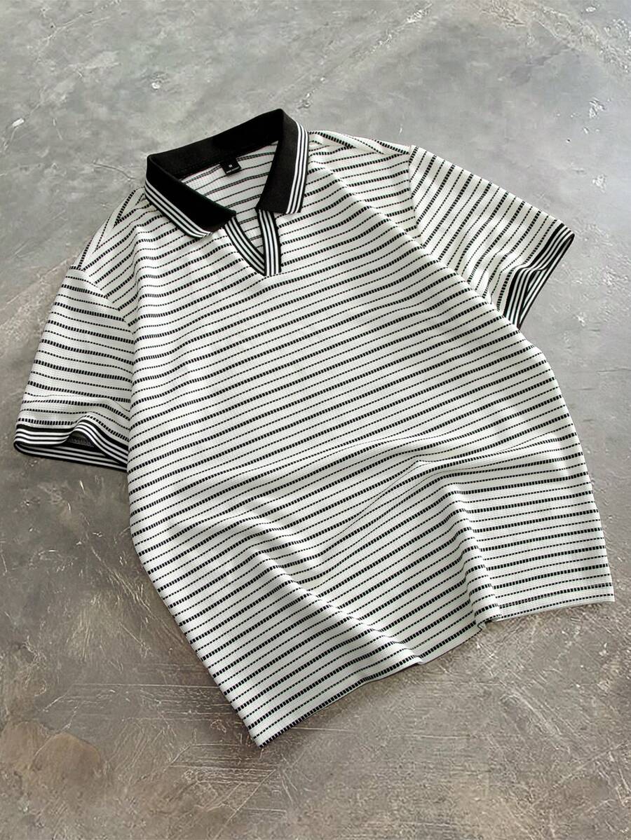 Manfinity Homme Men's Striped Casual Versatile Commuting Short Sleeve Polo Shirt - Black and White - View 1
