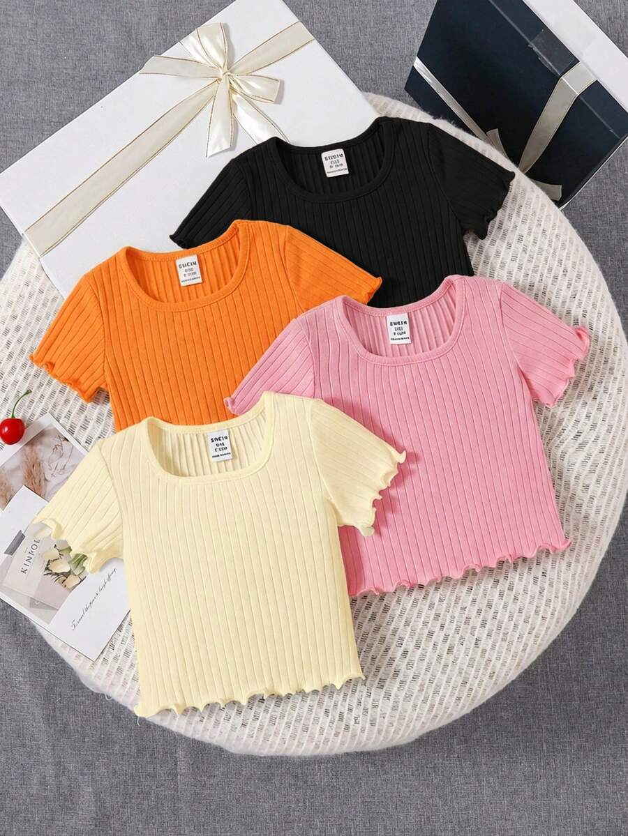 4pcs Set Casual Solid Color Knit Ruffle Hem Short Sleeve Top, Baby Girl - Multicolor - View 1