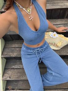 Sunnyshic Women's V-Neck Cropped Halter Top And Jeans Pants Set - Blue - View 6