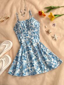 SHEIN Sweetro Đầm nữ mùa hè dây mảnh cổ vuông in họa tiết biển xanh, eo nhún. - Màu xanh lam - Xem 1