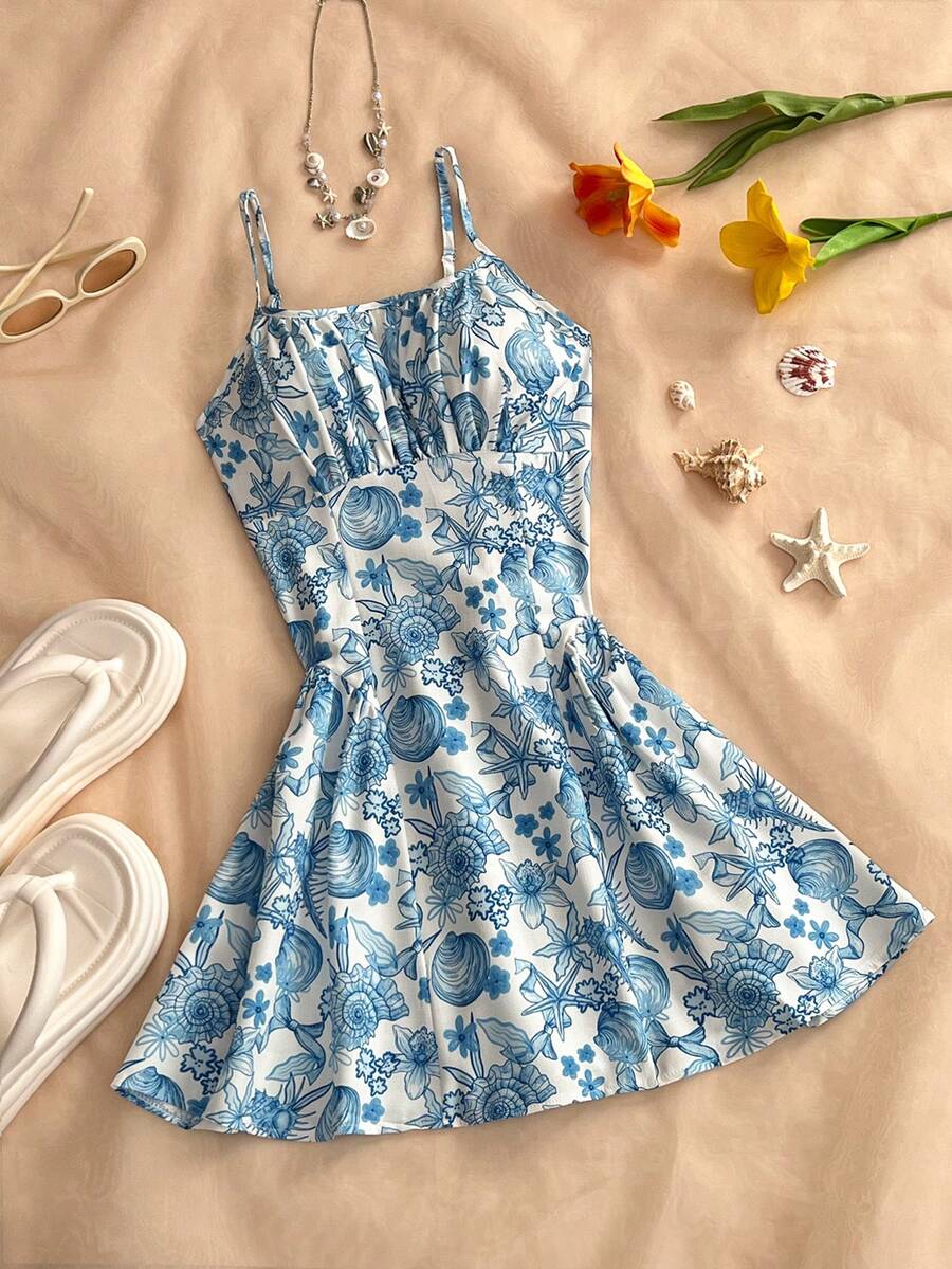 SHEIN Sweetro Đầm nữ mùa hè dây mảnh cổ vuông in họa tiết biển xanh, eo nhún. - Màu xanh lam - Xem 1