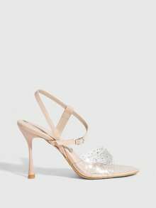 CUCCOO SZL Sandalias de tacón alto para mujer con puntera puntiaguda, tacón de aguja, transparentes con rhinestones, sexy y elegantes, con correa de tobillo para fiestas, banquetes y discotecas. Sandalias de tacón alto abiertas para primavera/verano - Beis - Ver 4