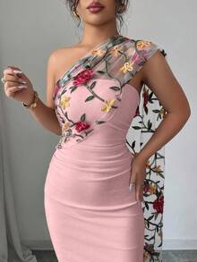 Elenzga 女士花卉刺绣网纱拼接修身优雅长裙 - 粉色 - 查看 4