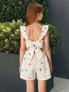 SHEIN Tween Girl Striped Square Neck Cap Sleeve Loose Jumpsuit For Vacation - Apricot - View 1