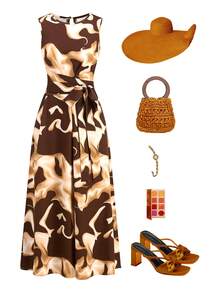 Ellevyn Vacation Casual All-Over Print Belted Sleeveless Dress - Brown - View 1