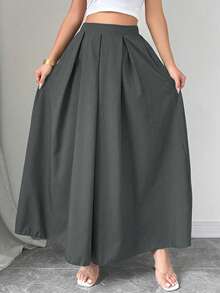 Rafferiza Petite Petite Solid Color A-Line Pocket Waist Skirt For Women Maxi Women Outfit - Grey - View 3