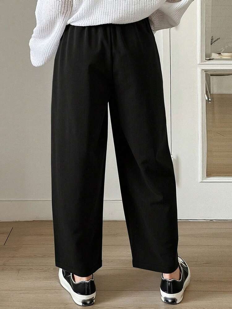 Dazy Plus Solid Color Loose Harem Drawstring Waist Cropped Casual Pants, Black, All Season Fall