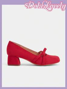 Dola Lovely Red Suede Round Toe Bow Low Vamp Thick Heel Shoes, Women's Gentle Cute Commuting Versatile Temperament Mary Jane High Heels Women's Shoes - Red suede - View 2