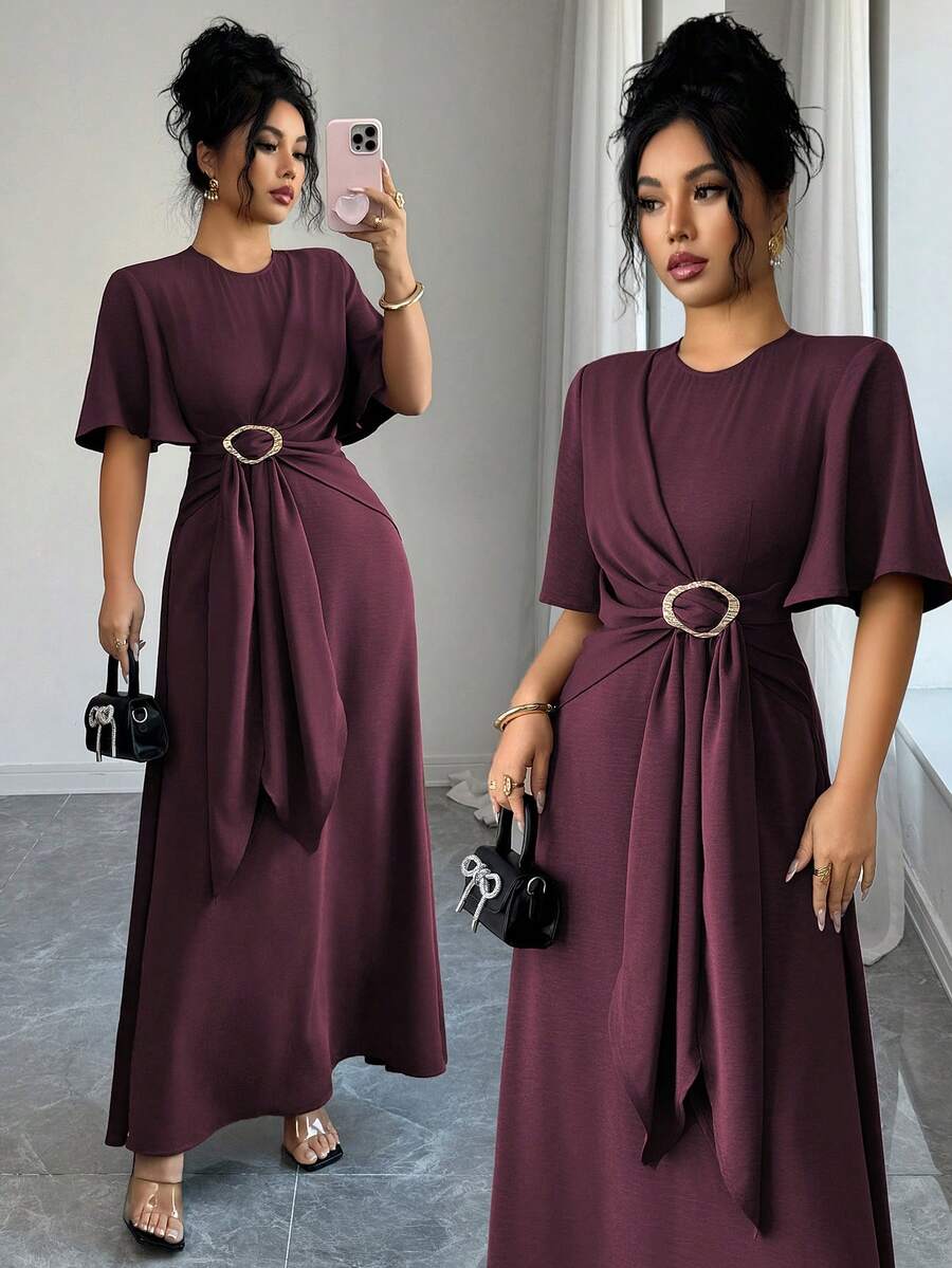 Elenzga Elegantes, lässiges Pendler-/Urlaubskleid mit rundem Ausschnitt, Kreuzband-Bindung, Metallschnalle in Taillenhöhe, A-Linie, Langarm mit Glockenärmel, Maxikleid, Frühling/Herbst/Winter, formelles Kleid, burgunderrotes Kleid, Damenkleid, Maxikleider, elegantes, klassisches Damenkleid - Rot-violett - Übersicht 1